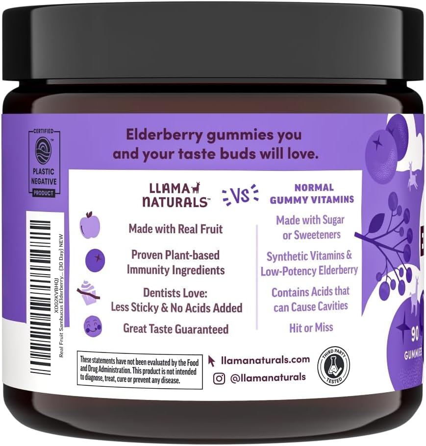 Llama Naturals Elderberry Gummies for Adults, Vegan, Organic Immune Support Supplement with Vitamin C and Zinc, Real Fruit Gummy Vitamins for Immunity, Chewable, No Added Sugar Cane, 90 Ct - Image 4