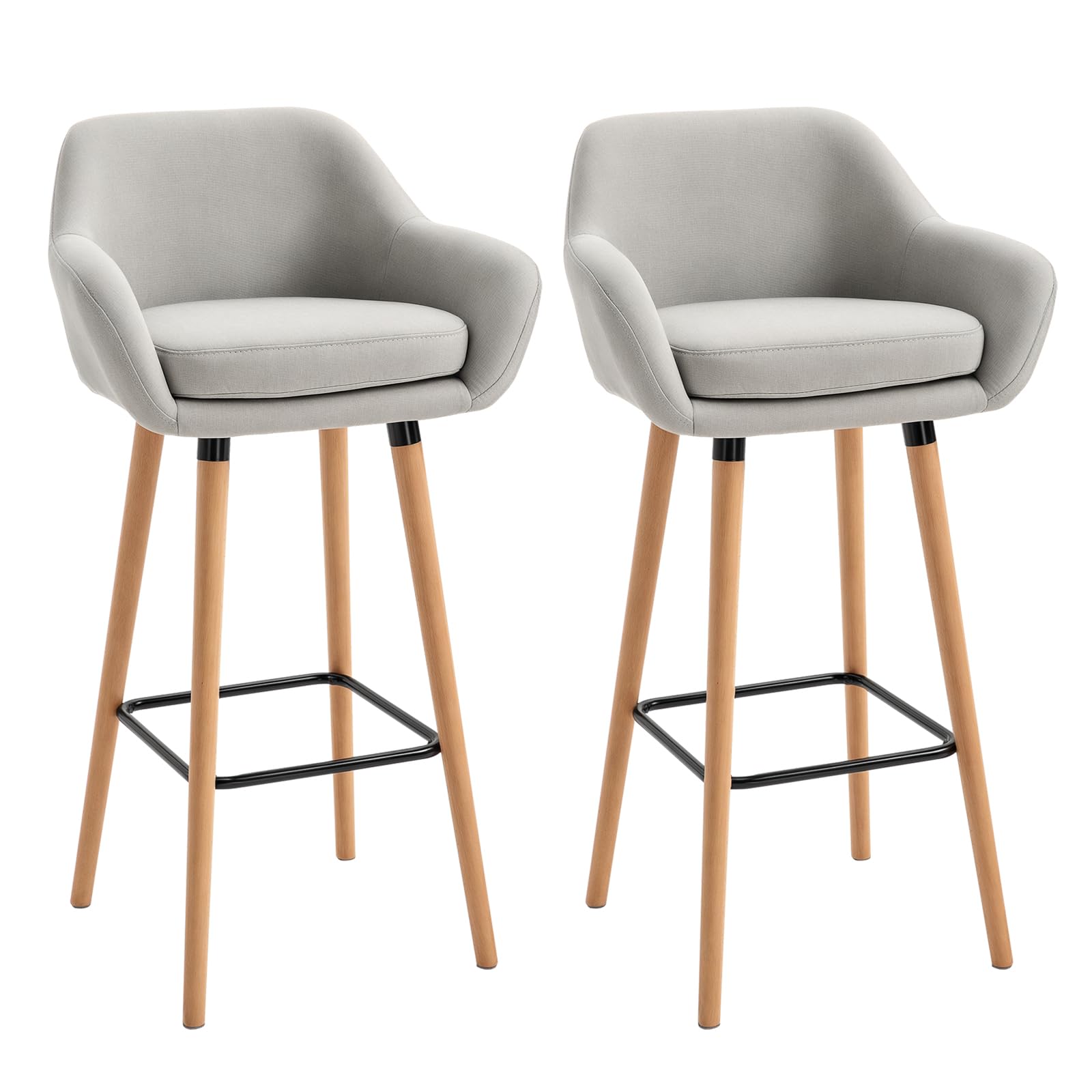 HOMCOM Set of 2 Bar Stools Modern Upholstered Seat Bar Chairs w/Metal Frame, Solid Wood Legs Living Room Dining Room Fabric Furniture - Beige