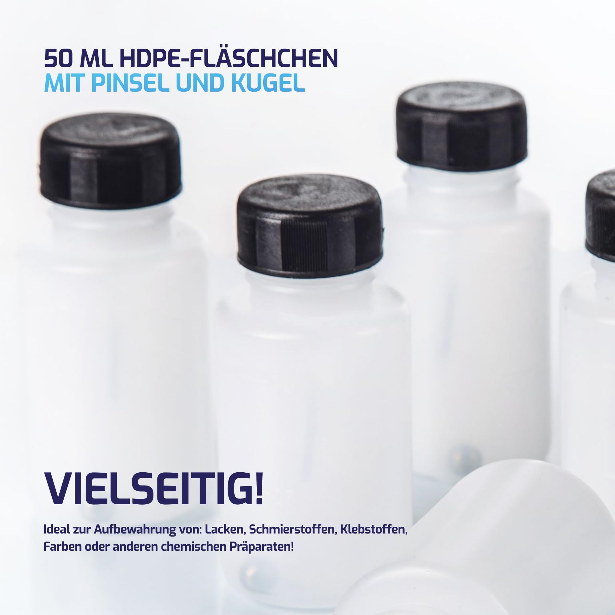 BenBow - 25x 50 ml Pinselfläschchen mit Mischkugel - Feiner Pinsel, Transparent - Lösemittelbeständig - Flüssigkeiten aufbewahren & auftragen - HDPE Kunststofffläschchen für Lacke, Farben Öl & Kleber