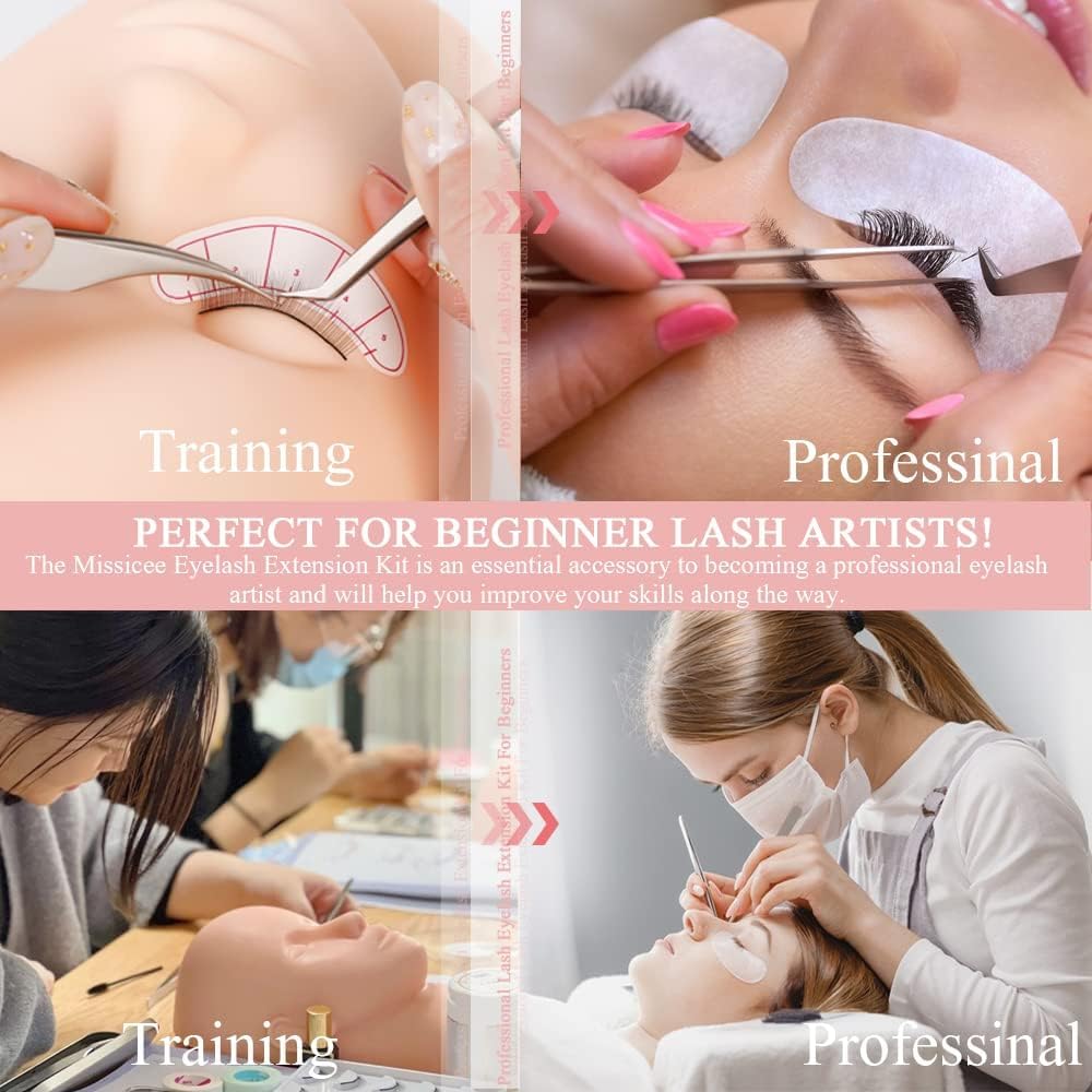 Kit d'extension de cils, Missicee Kit professionnel d'extension de cils avec tête de mannequin de cils Manuel de pratique, Colle, feuille de pratique pour les débutantes (Version améliorée)