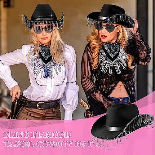 Image of Leumoi 3 Pcs Rhinestone Fringe Cowgirl Hat Rhinestone Bandana Sunglasses