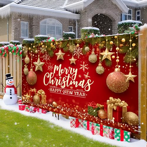Merry Christmas Banner Decoration New Year Outdoor Flag Indoor Home Decor Party Supplies Yard Sign Background for Photography (Red 71x43 Inch)