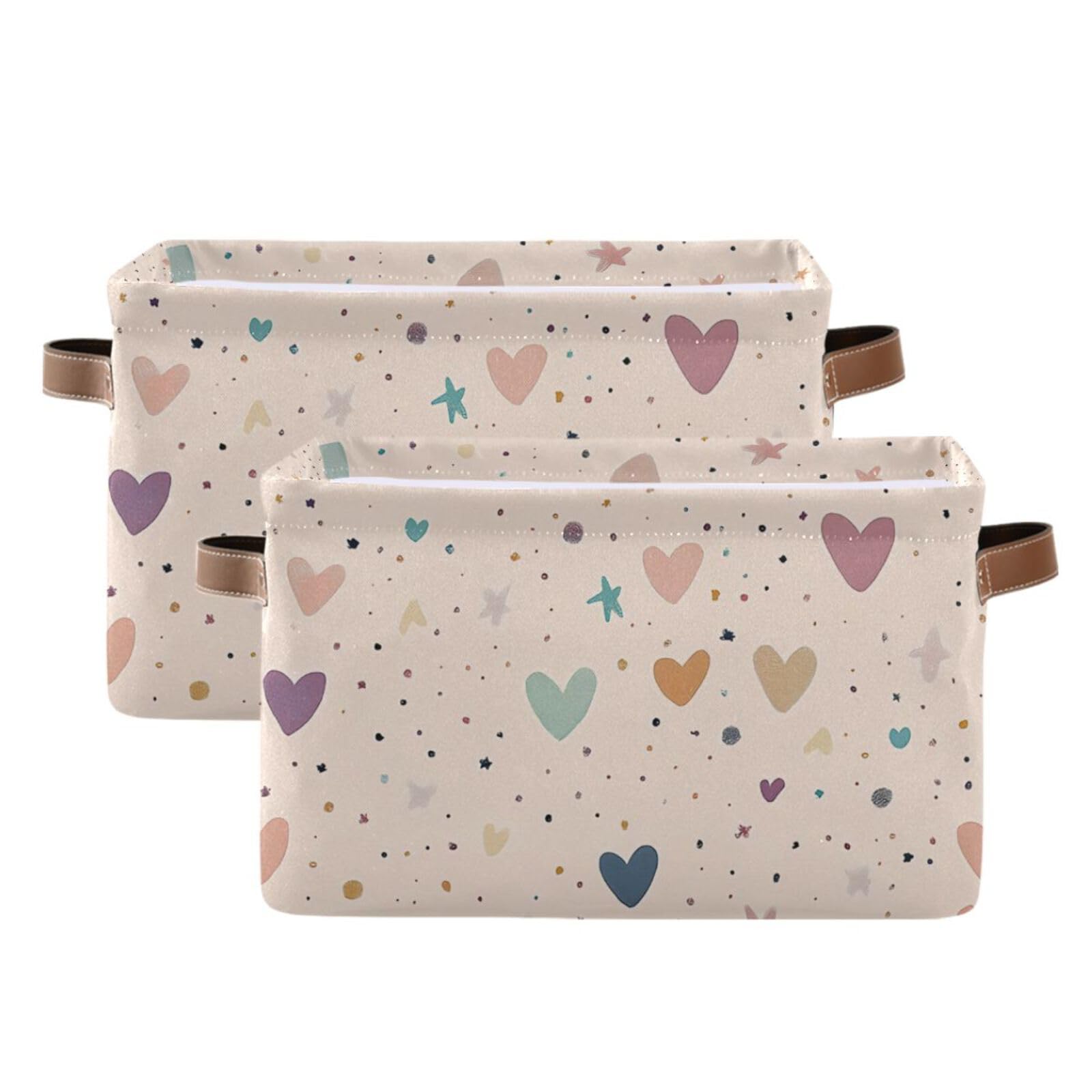PaChyLuu Hearts and Stars Storage Basket Bin Canvas Fabric Organizer Toys Basket with Handles for Home Office Nursery, Clothes, Gifts, 2 Pcs