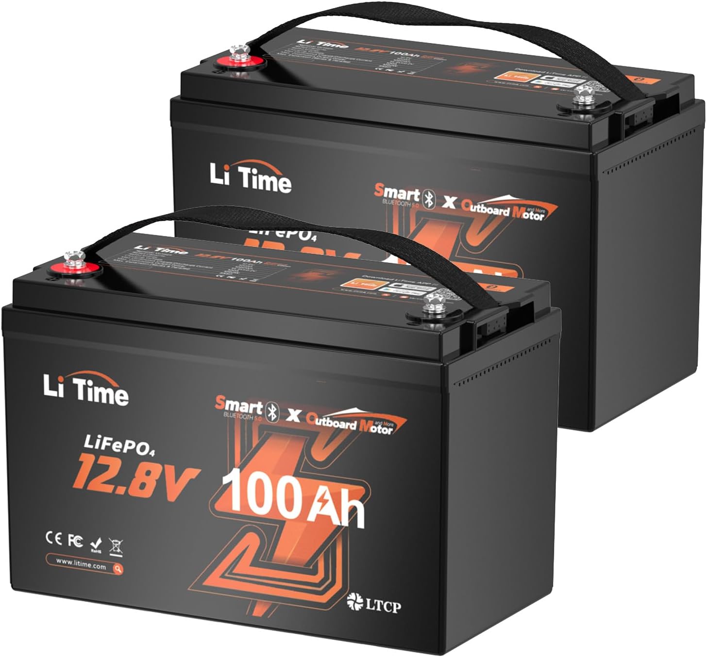 LiTime (2-Pack) 12V 100Ah OBM Bluetooth LiFePO4 Battery with LTCP, Deep Cycle Rechargeable Lithium Battery, 100A BMS, Up to 15000 Cycles, Perfect for Outboard Motor,Trolling Motor, Marine,Yacht,Boats