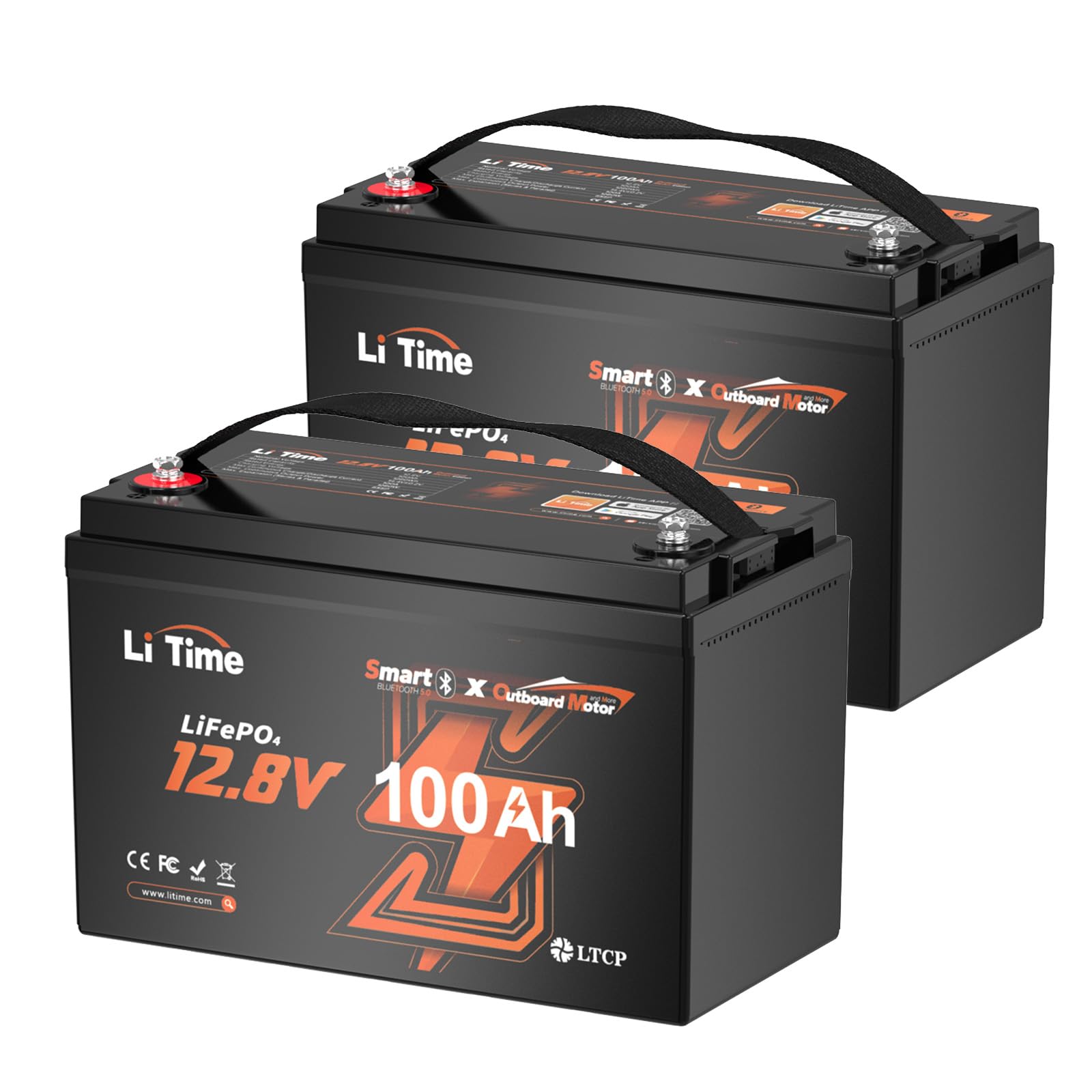 LiTime (2-Pack) 12V 100Ah OBM Bluetooth LiFePO4 Battery with LTCP, Deep Cycle Rechargeable Lithium Battery, 100A BMS, Up to 15000 Cycles, Perfect for Outboard Motor,Trolling Motor, Marine,Yacht,Boats