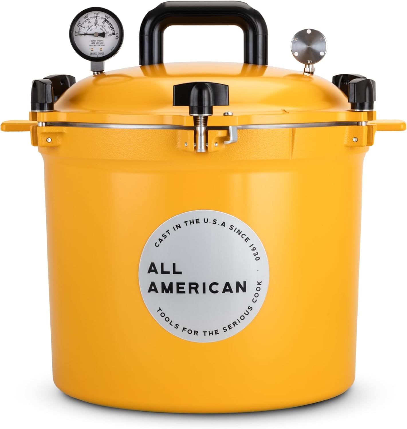 All American 1930-21.5qt Pressure Cooker/Canner (The 921), Mustard – Exclusive Metal-to-Metal Sealing System – Suitable for Gas, Electric, or Flat Top Stoves – Made in the USA All American 1930-21.5qt Pressure Cooker/Canner (The 921), Mustard – Exclusive Metal-to-Metal Sealing System – Suitable for Gas, Electric, or Flat Top Stoves – Made in the USA