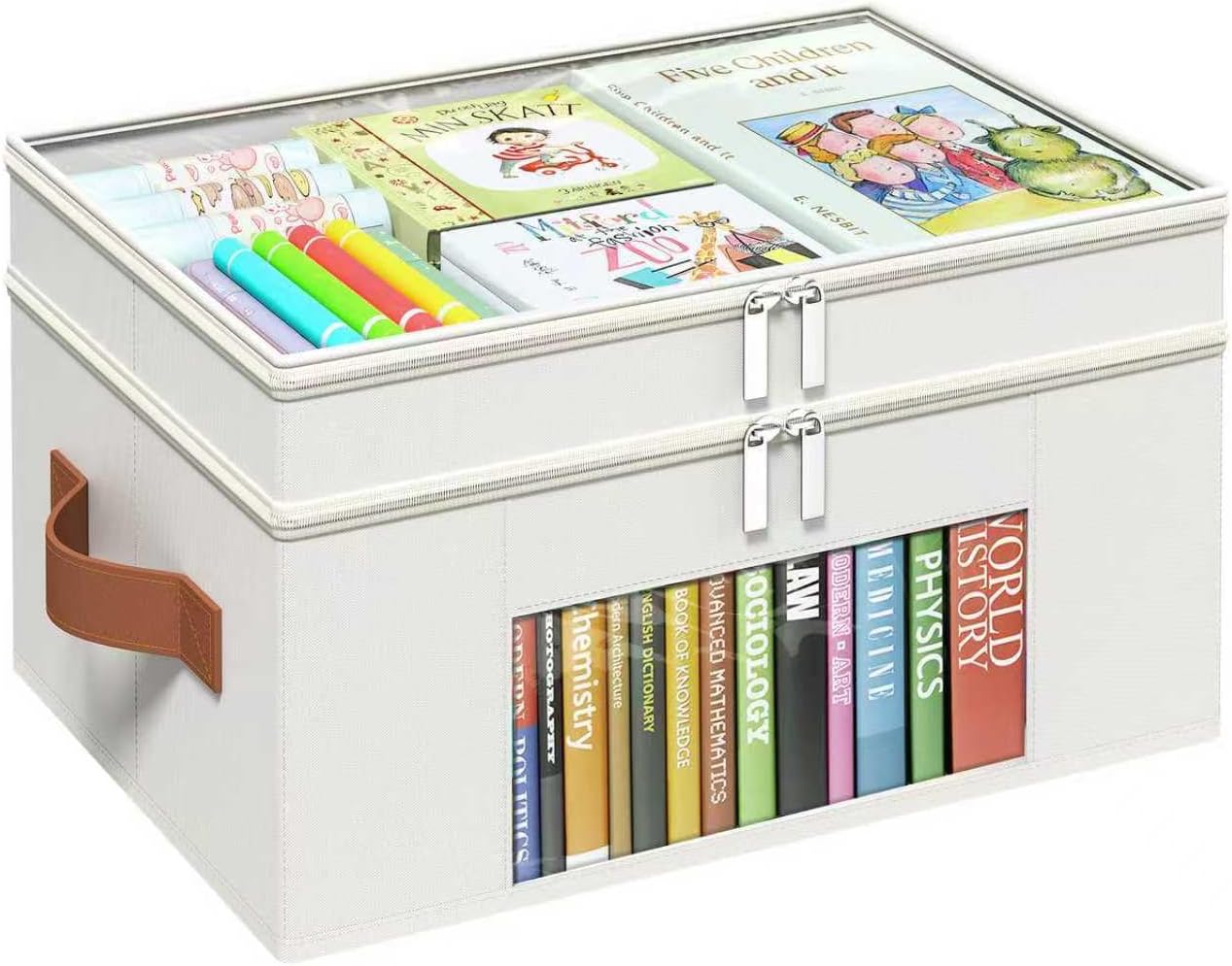 Foyego 18 QT Craft Organizers and Storage Box with Transparent Cover and Leather Handles, 2-Layer Art Supply Organizer for Crayon, Coloring Books, Modeling Clay, Molds and Sewing, Beige