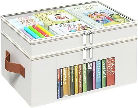 Foyego 18 QT Craft Organizers and Storage Box with Transparent Cover and Leather Handles, 2-Layer Art Supply Organizer for Crayon, Coloring Books, Modeling Clay, Molds and Sewing, Beige