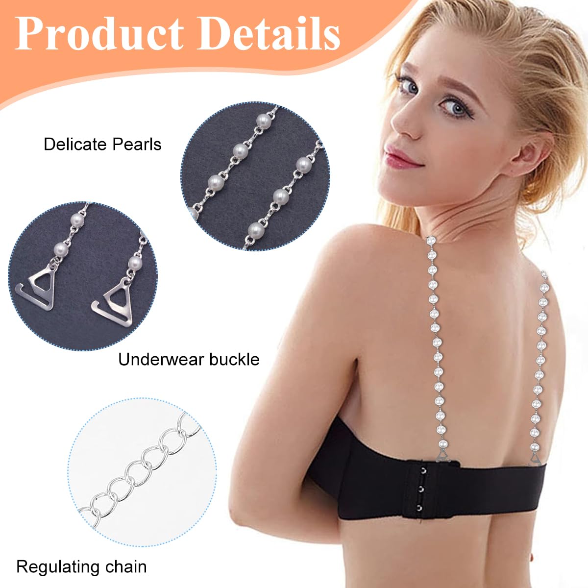 MAYCREATE Fancy Pearl Bra Straps for Women, 1 Pair Adjustable Metal Beaded 1