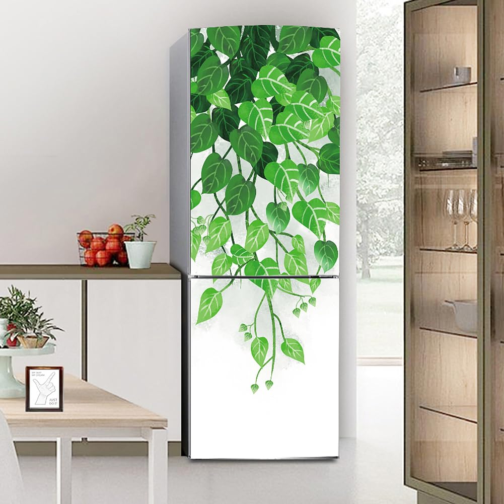 Fridge Sticker, Fridge Sticker Full Covering Door Covers Skins Wall Stickers for Kitchen Decal, Green Leaves Spring(S: 60x150 cm)