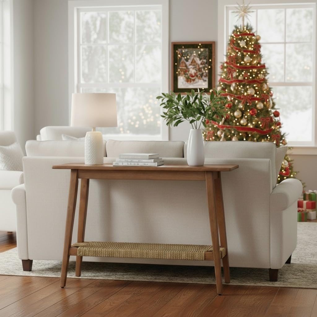 46 Inch Console Table, Farmhouse Wood Entryway Rustic Table with Wood Frame, Sofa Table Behind Couch for Entryway, Hallway or Living Room, Walnut Wood Color