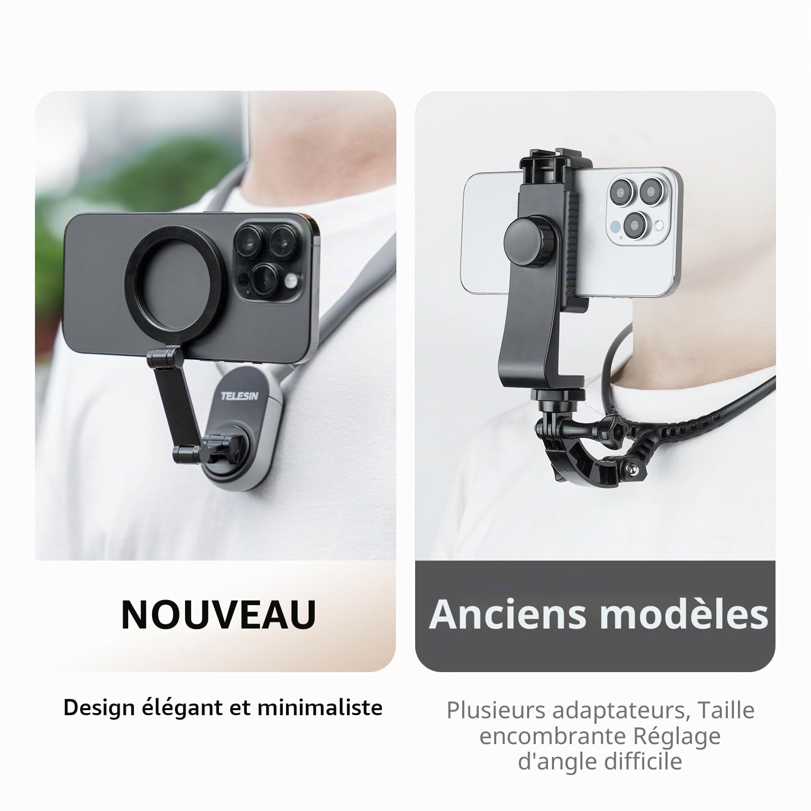 TELESIN POV/Vlog Support Magnétique pour Cou Téléphone Portable, Support de Cou Magnétique, Support de Cou pour téléphone pour la Prise de Vue Vidéo pour iPhone 15 14 13 12 Téléphones Android (Gris)