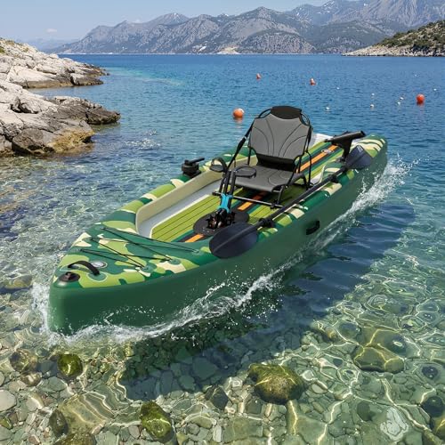Danrelax Inflatable Kayak with Pedal System 12ft Premium PVC Fishing Kayak with Aluminum Seat Rudder System Motor Mounting Board and Accessories Included Green & Camouflage (HIN Included)
