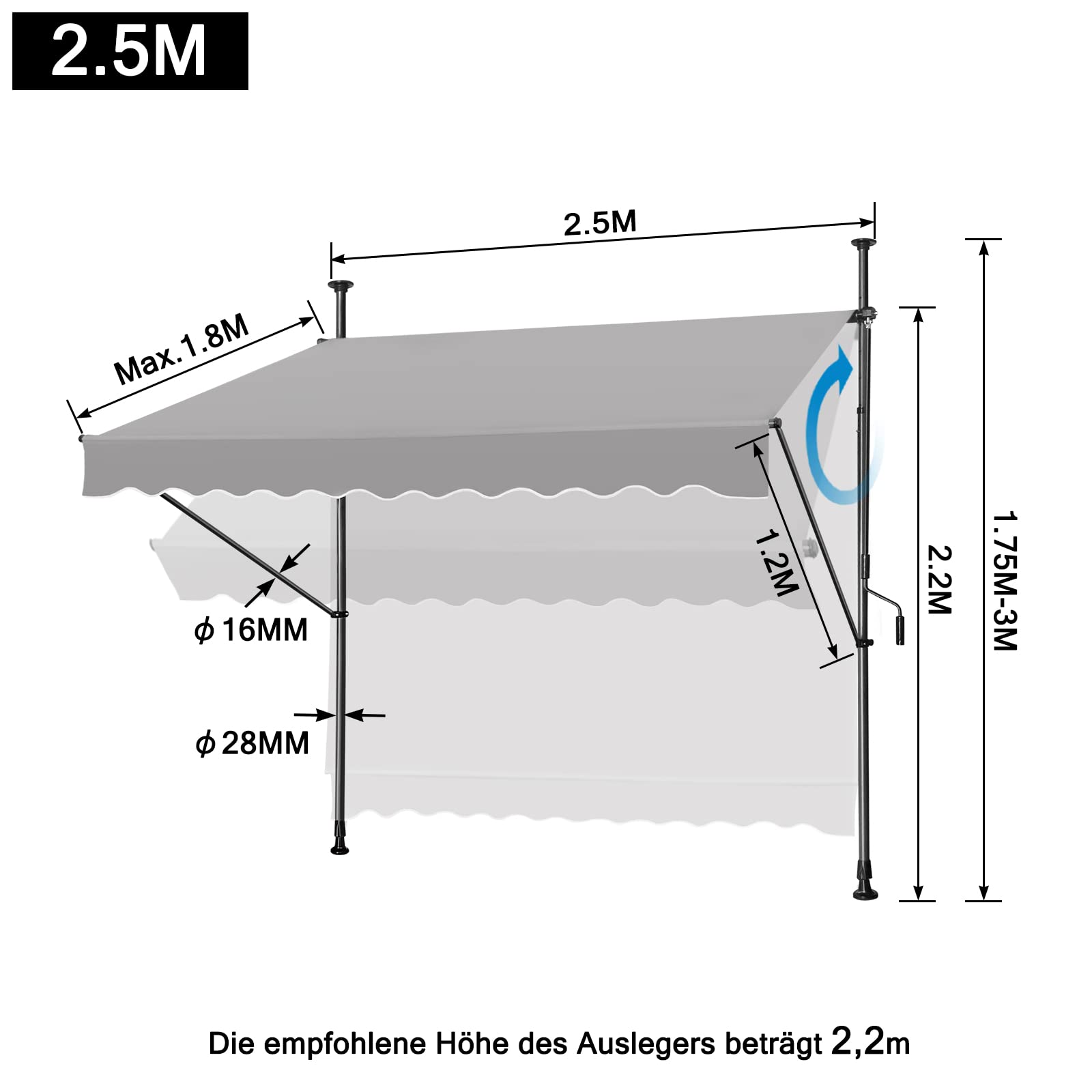 Klemmmarkise Balkon, Markise Einziehbar Manuell, Handkurbel, höhenverstellbar, UV-beständig, ohne Bohren, 100% Polyester (250x120cm, Grau)