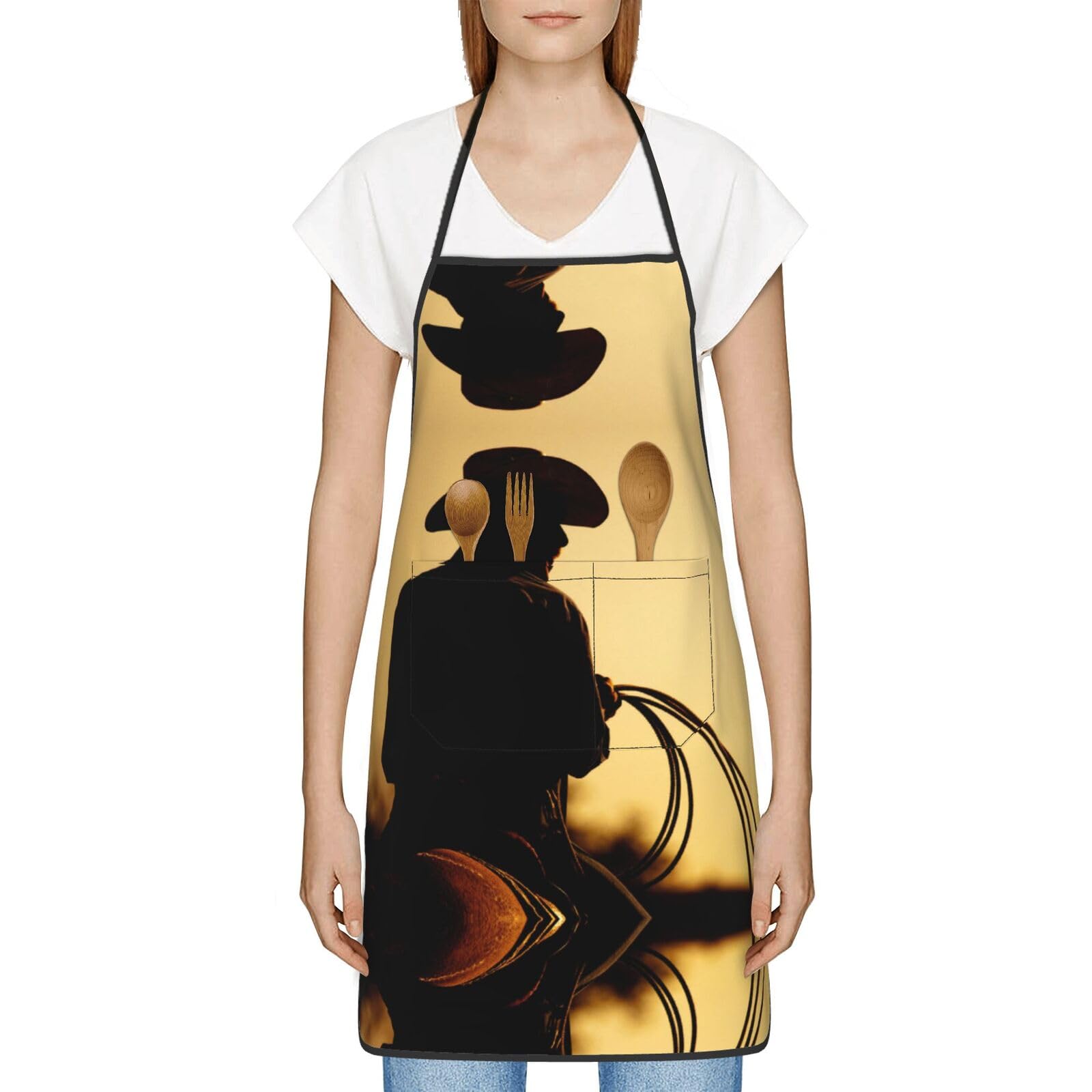 HAHAFU Cowboy With Lasso Chef Apron For Women Men,Print Polyester Work Cooking Aprons With Adjustable Strap And Large Pocket