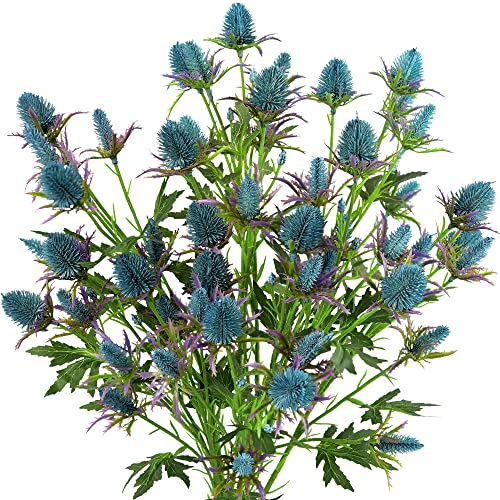 Image of FiveSeasonStuff Real Size Artificial Real Touch Eryngium (Sea Holly) Northern Lights Blue Thistles (5 Stems)
