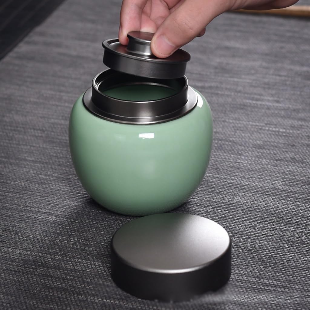 SONGCHAO Sugar Jar Celadon Tea can, Ceramic Sealed, Portable Travel Storage, Home Box Tea Canister(A)