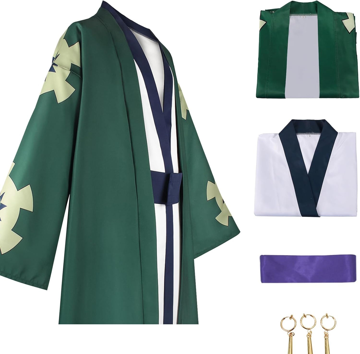 Unisex Men Japanese Green Long Kimonos Cosplay Costume Women Cloak White Robe Anime Halloween Outfits with Earrings