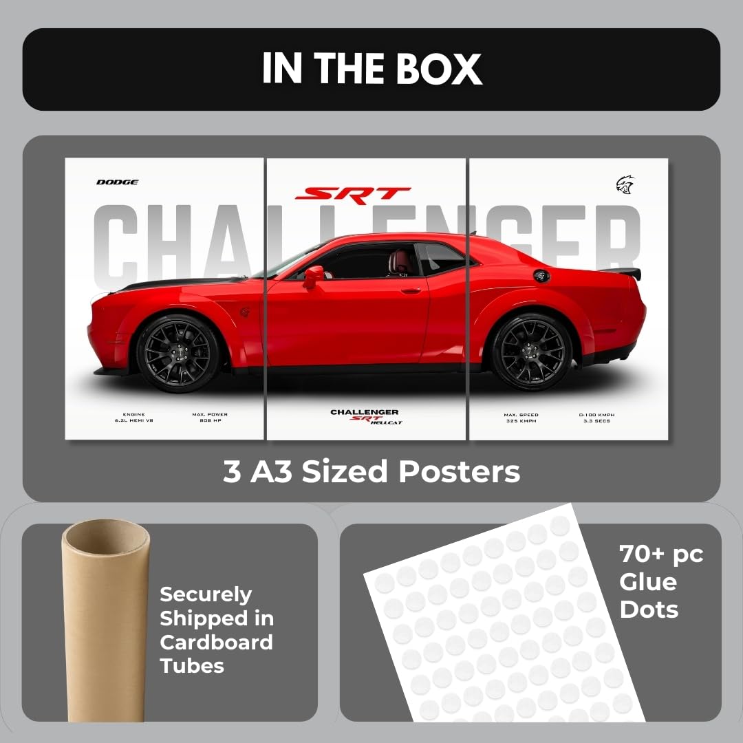 Dodge Challenger Poster Split Design Car Posters | 3 A3 Sized