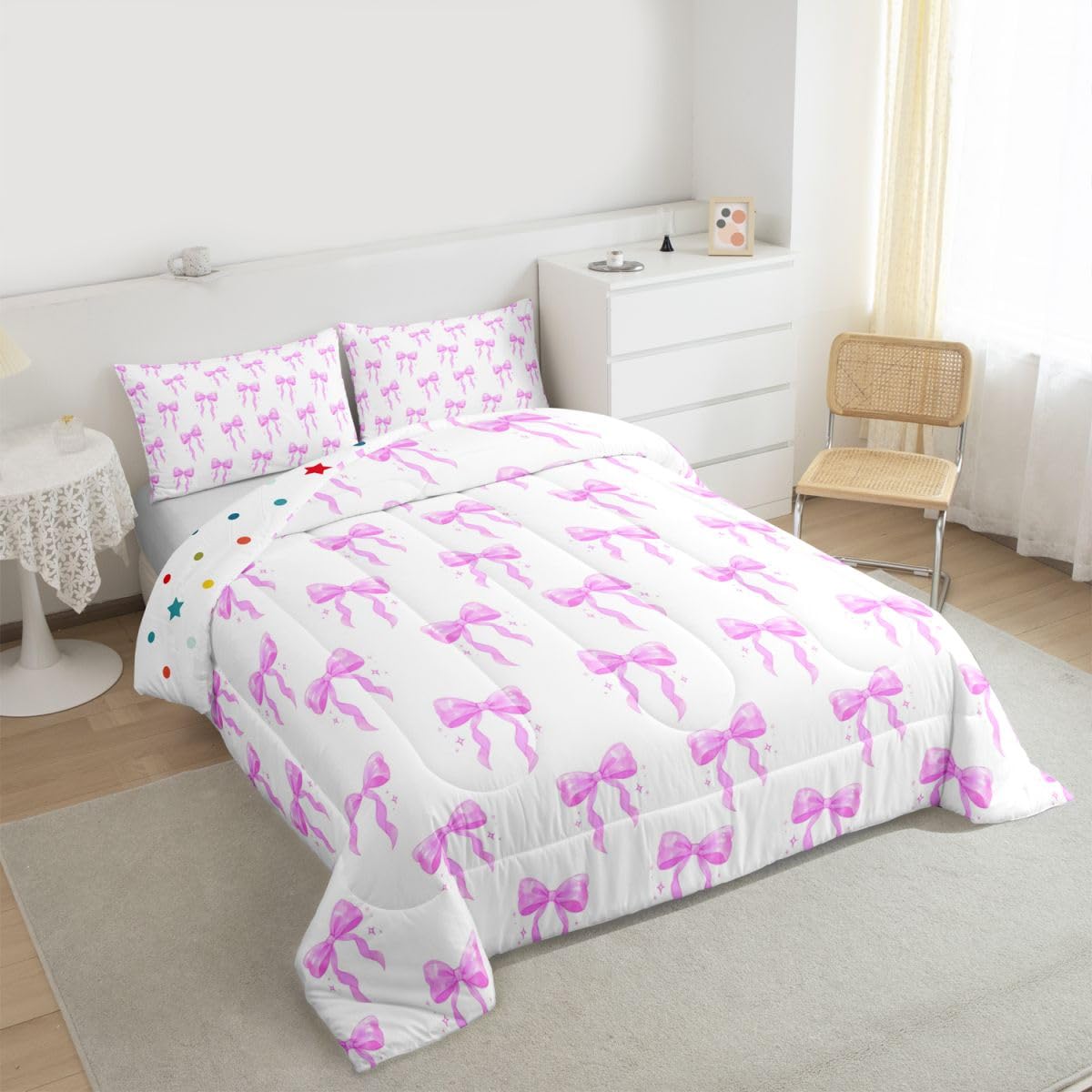 Homewish Dziecięcy uroczy zestaw pościeli z kokardą podwójny- różowa kokardka zestaw pościeli marzycielska księżniczka kokarda kołdra zestaw - kawaii urocza kołdra bez pokrowca