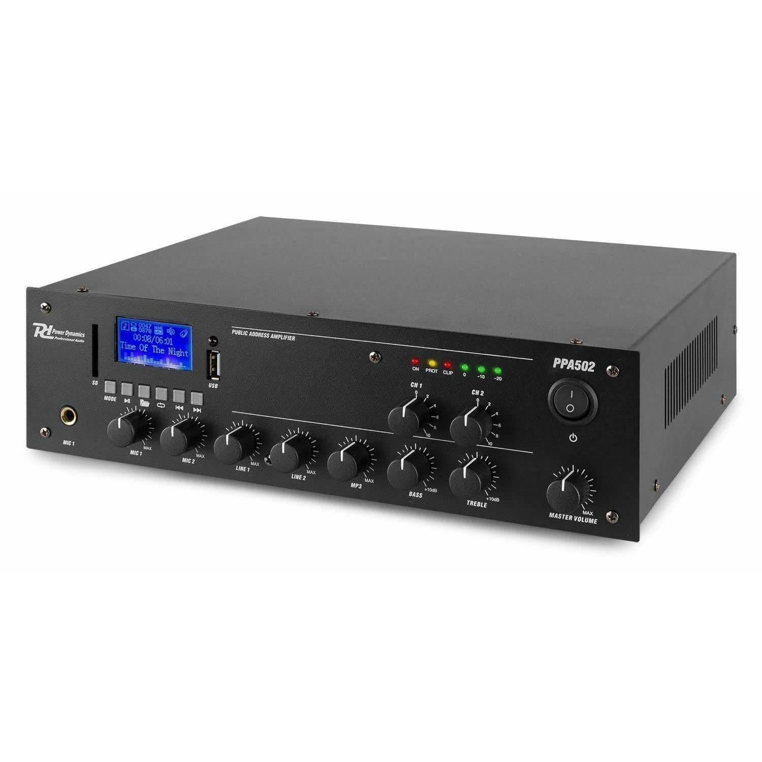 Power Dynamics PPA502 Amplificateur 2 Zones Bluetooth 100V 50W Lecteur MP3 USB Télécommande Entrée Ligne Prise 6,3mm