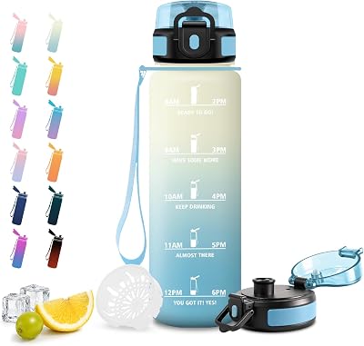 Borraccia 1L, Borraccia senza BPA, Borracce con Filtro e Indicatore del Tempo, A Prova di Perdite, Borracce Sport per Studenti, Ufficio, Yoga