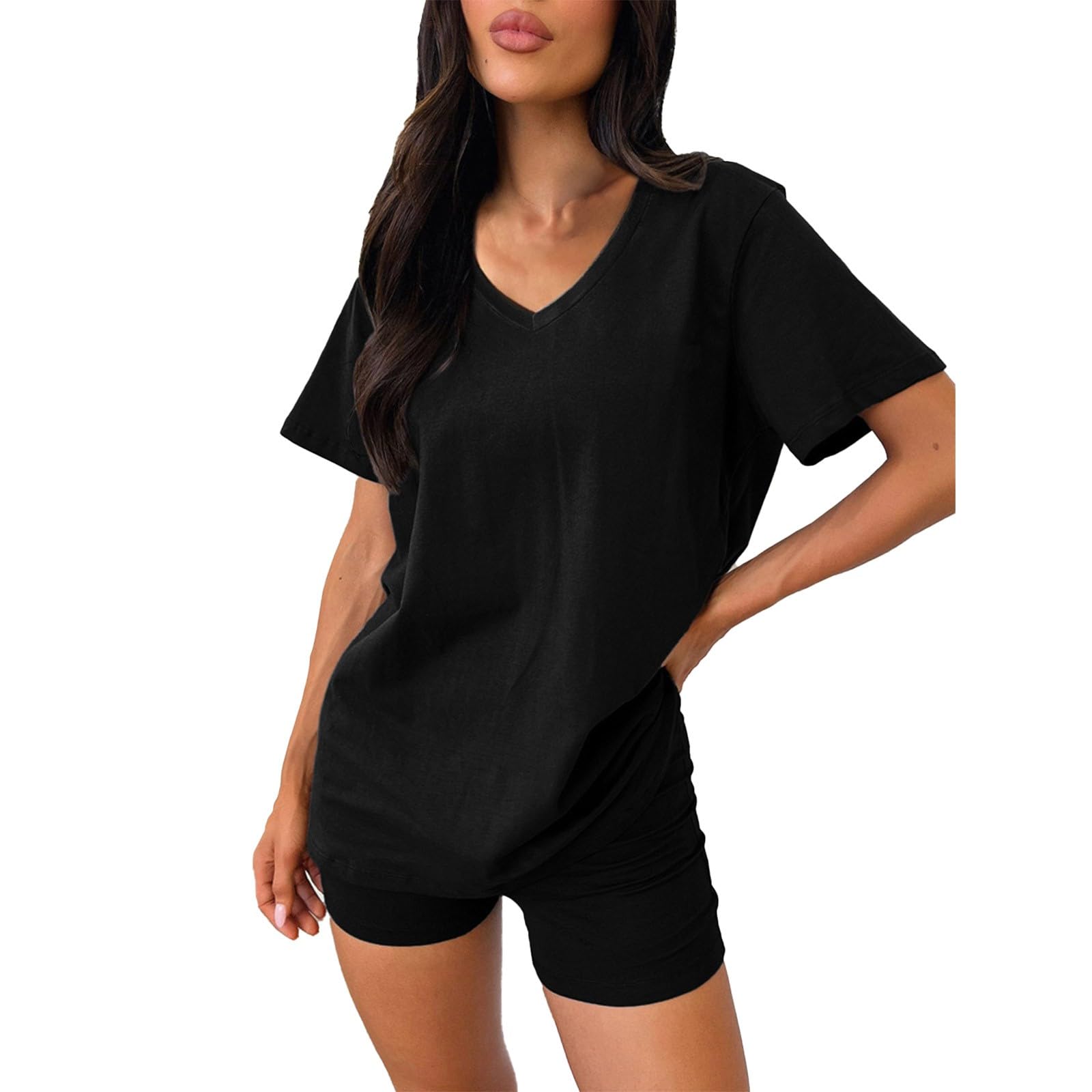 Womens 2 Piece Lounge Sets V Neck Short Sleeve T Shirt and Pajama Shorts Casual Pajamas Vacation Travel
