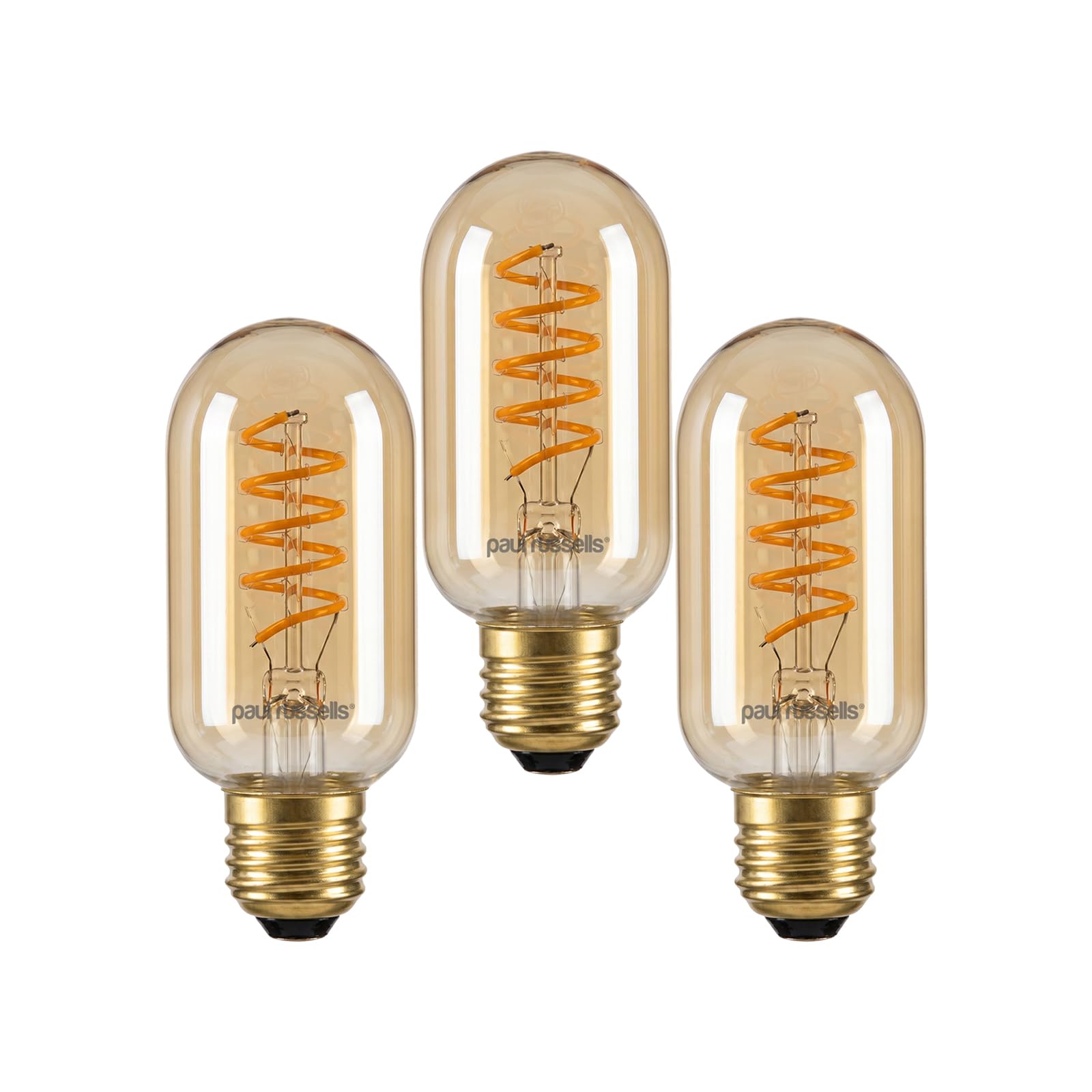 paul russells Dimmable Spiral LED Filament T45 Bulb, E27 Edison Screw 4W (25W Equivalent) - 250LM, 1800K Vintage Amber Light, Smooth Dimming, 330° Beam Angle, Decorative Cage Lightbulb – Pack of 3