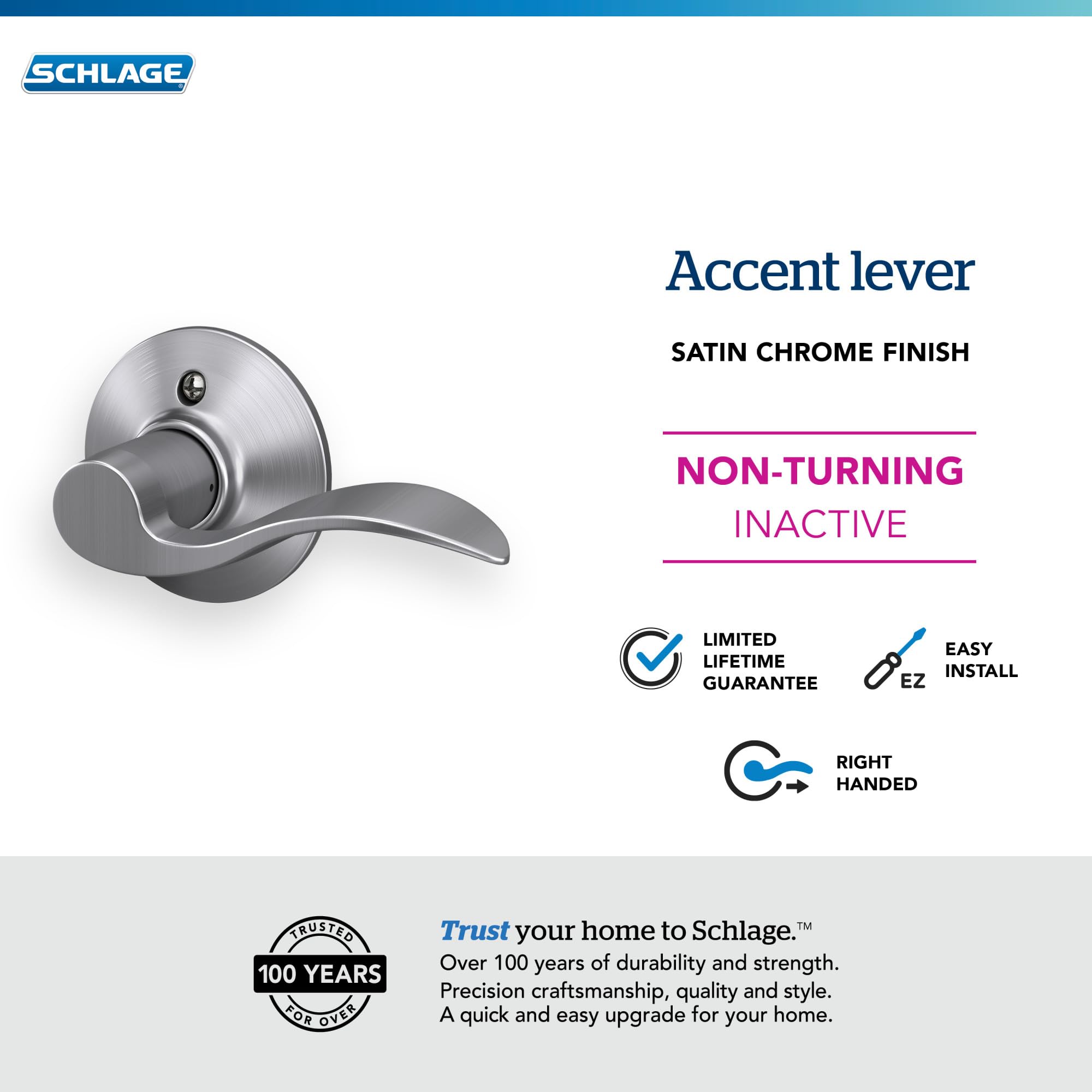 SCHLAGE F170ACC626RH Accent Right Hand Dummy Lever, Brushed Chrome Lock Company, 1 Pack - Image 3