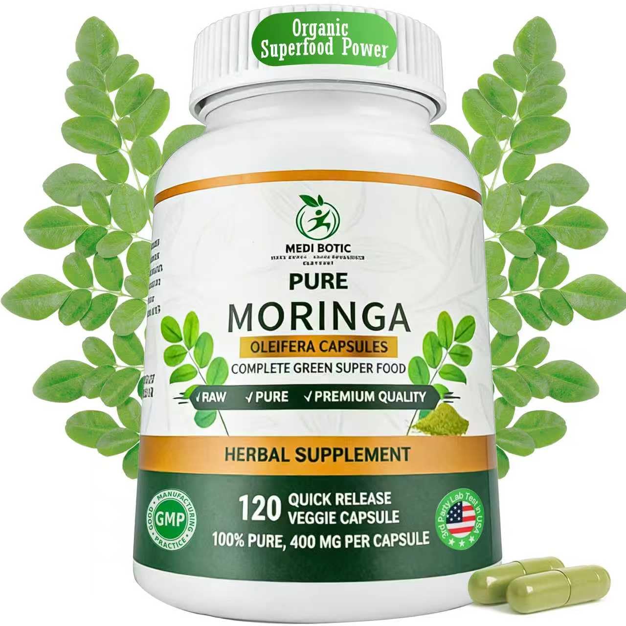 Organic Moringa Capsules 800mg, 3rd Party Tested &amp; Non-GMO, 120 Count