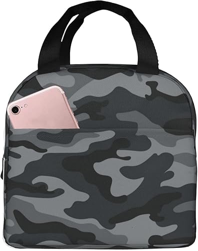 Fiokroo Bolsa de almuerzo aislada de camuflaje militar, lonchera de camuflaje negro y gris, reutilizable, bolsa de almuerzo para escuela, trabajo