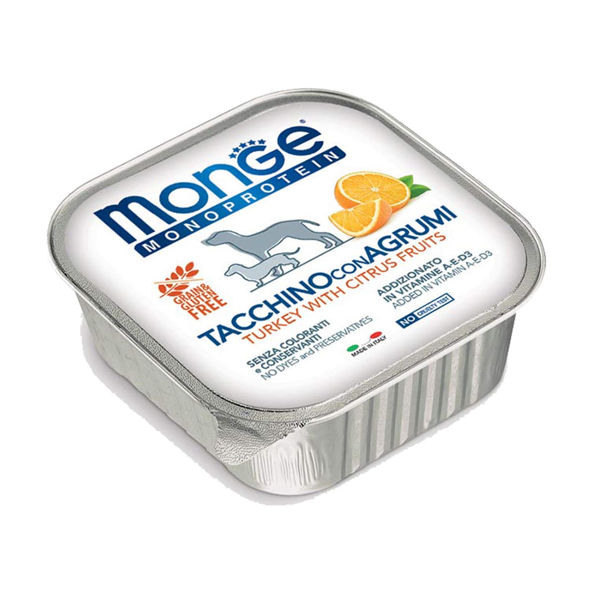 Monge Alimento Cibo Umido per Cani MONOPROTEICO Frutta Tacchino e Agrumi Pate' GR.150X24