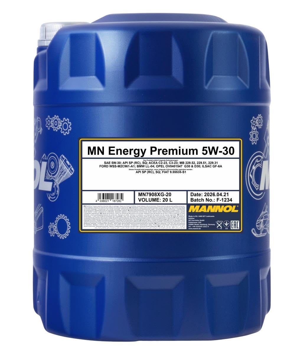 MANNOL Aceite de motor 5W-30 Energy Premium ACEA C3 ACEA C2 SQ API SP-RC 20L Compatible con VW Polo V Hatchback 6R1, 6C1 up! Hatchback 121, 122, BL1, BL2, BL3, 123 Golf 7 Hatchback 5G1, BQ1, BE1, BE2