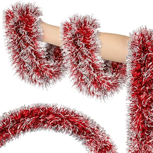 Image of 50ft Red&White Christmas Tinsel Garland Christmas Tree Garland Decorations Metallic Tinsel Glitter Twist Garlands Hanging Streamers for Indoor Xmas Holiday Decor