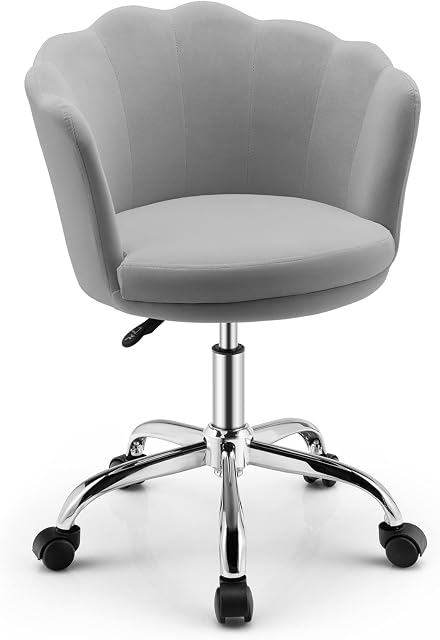 COSTWAY Velvet Office Chair, Height Adjustable Swivel Computer Desk Chair Leisure Vanity Seat, Ergonomic Rolling Petal Scallop Shell Back Executive Task Chairs for Home Office Bedroom (Grey)