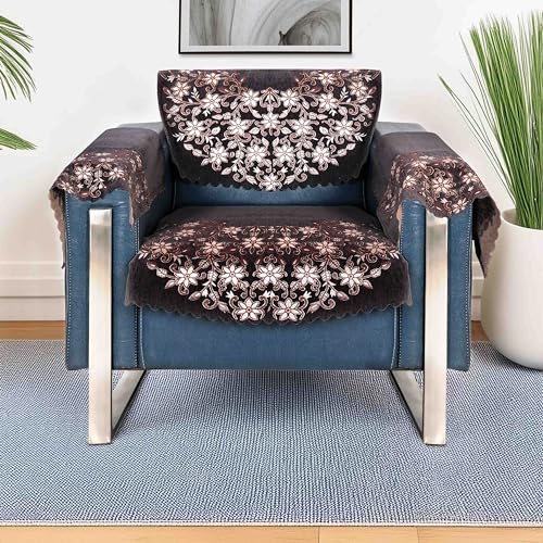 Image of Premium Chenille Woven Anti-Slip 1 Seater Sofa Cover with Arm Rest | L-Shape Sofa Seat Protector for Living Room | Durable & Stylish Slipcover - Brown Phoolkari