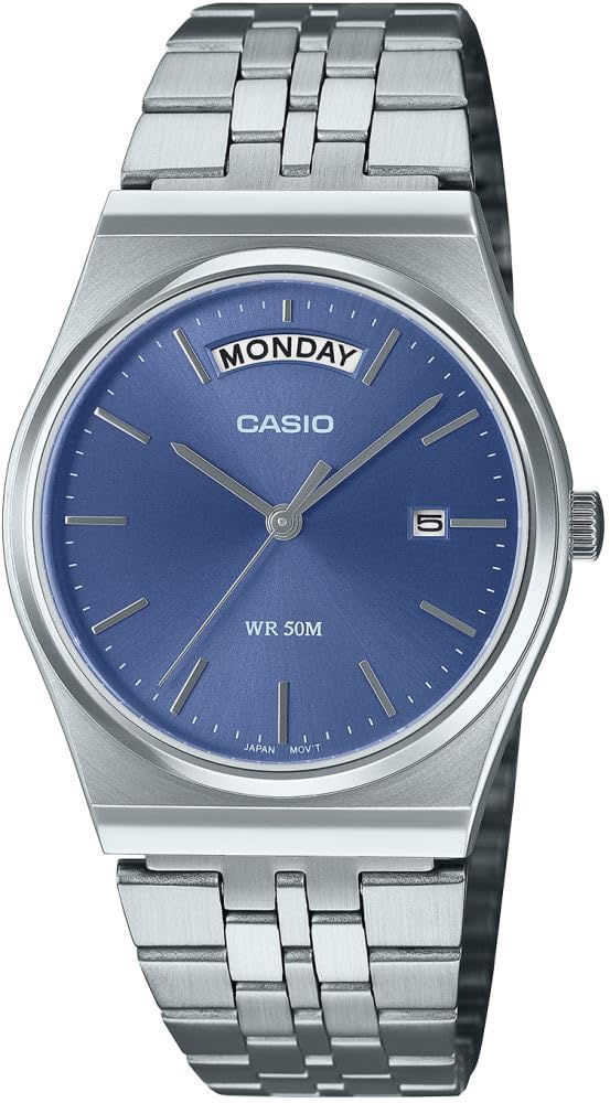 Casio MTP-B146D-2AV - Reloj analógico de acero inoxidable para hombre, estilo vintage, esfera azul, fecha y día, plateado, casual