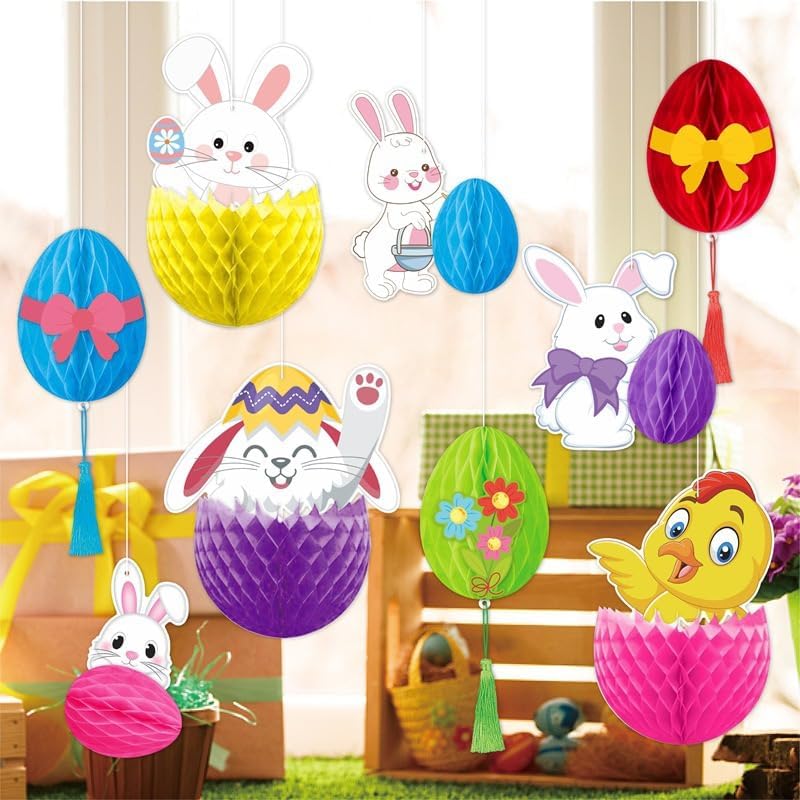 9set Cute Easter Bunny Chick Egg Hanging Honeycomb for Easter Decoration