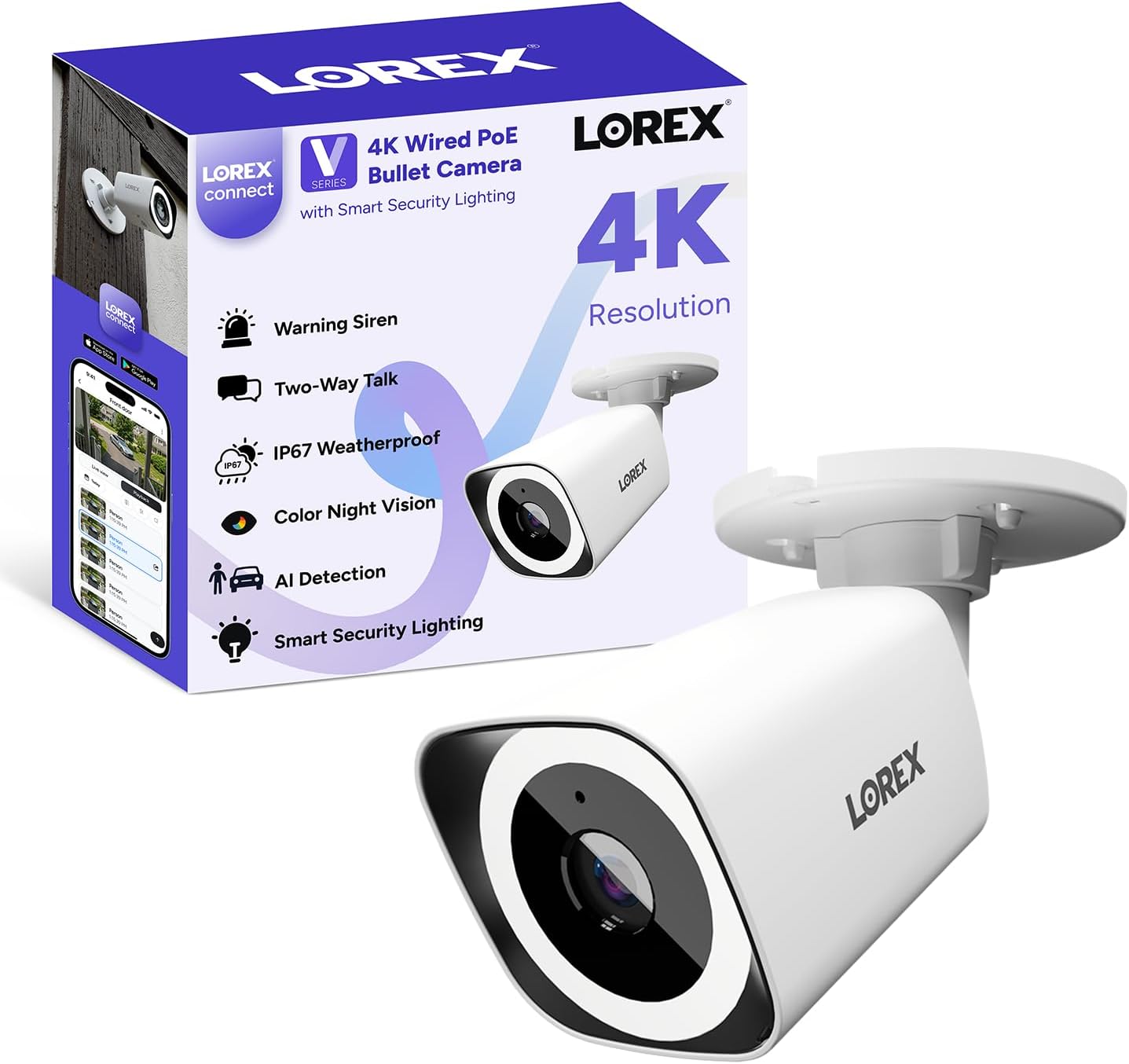 Lorex Connect [New App] 4K Wired IP PoE Bullet V3 Camera (No Cable) | Add-On Camera to V-Series NVR | Smart Security Lighting | Color Night Vision | 2-Way Talk | AI Detection | IP67 Rating | White