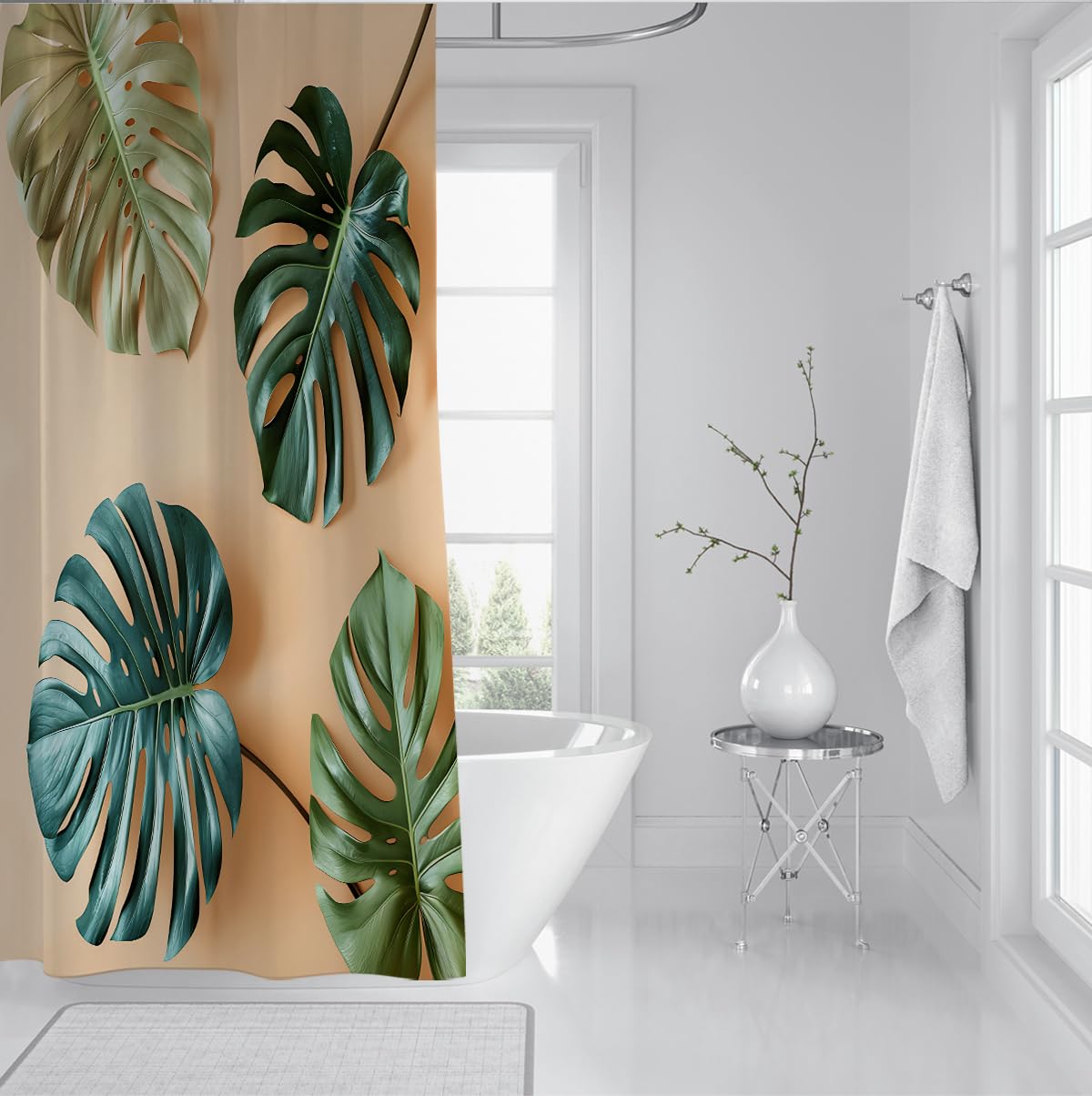 Rideau de douche à feuilles de monstera tropicales pour décoration de salle de bain, rideau de bain en tissu botanique feuilles de palmier vert style bohème, lavable avec crochets W200xL200 cm