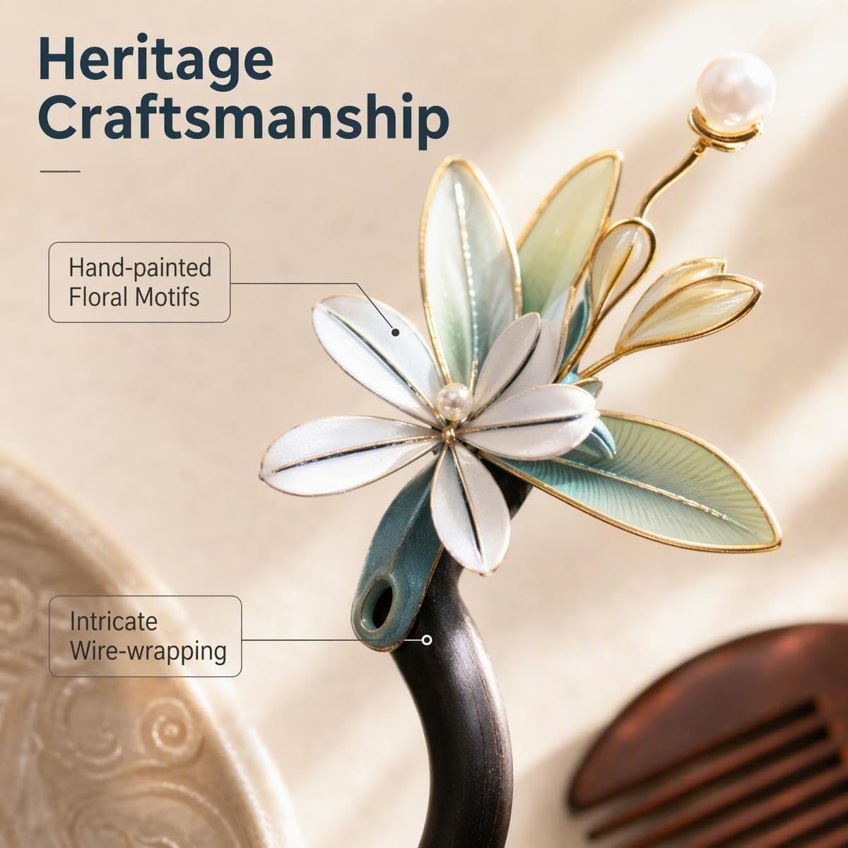 Chinese Hair Sticks Wooden Comb Set,Floral Traditional Brown image 5