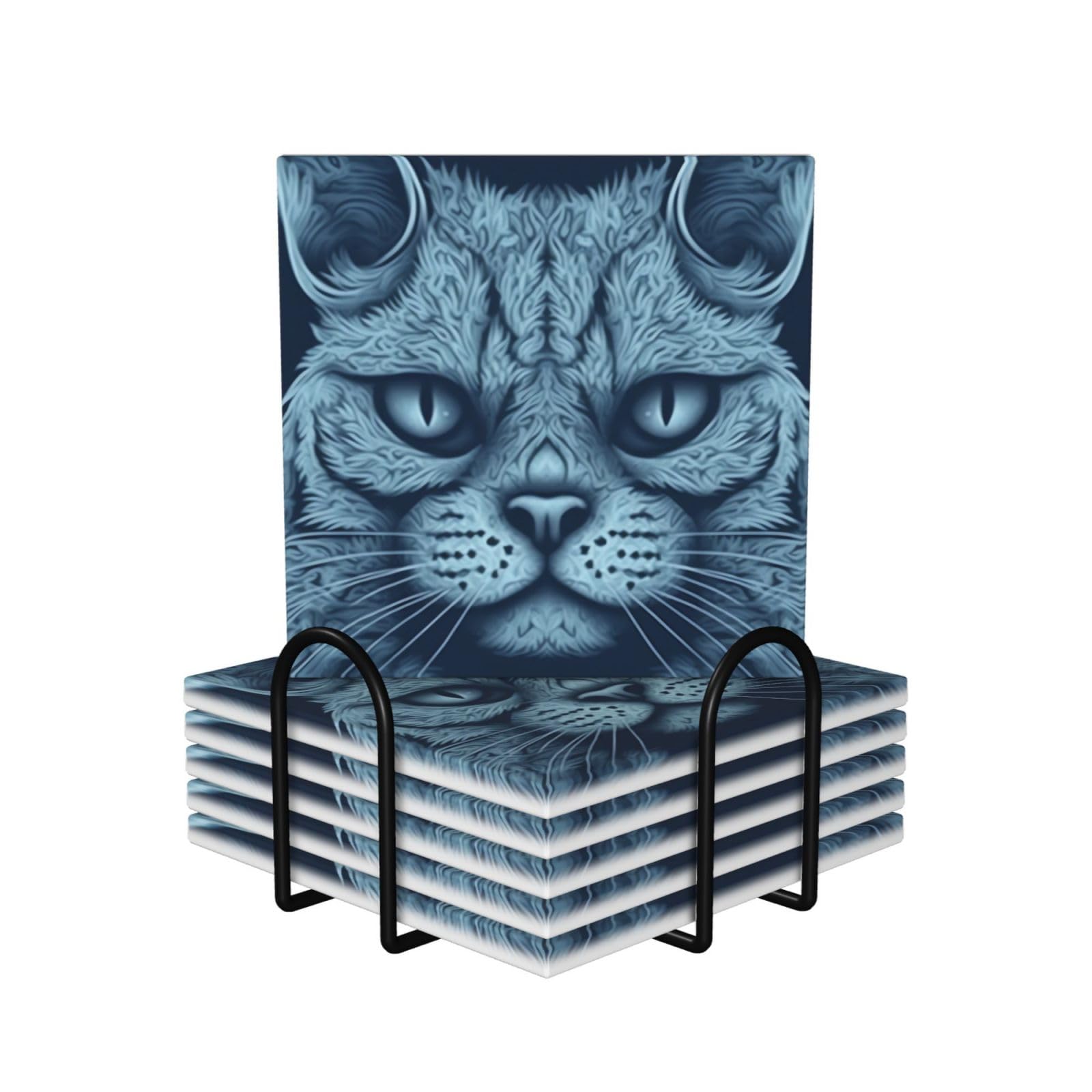 Sous-verres ronds en céramique lot de 6 avec support motif chat bleu pour table basse