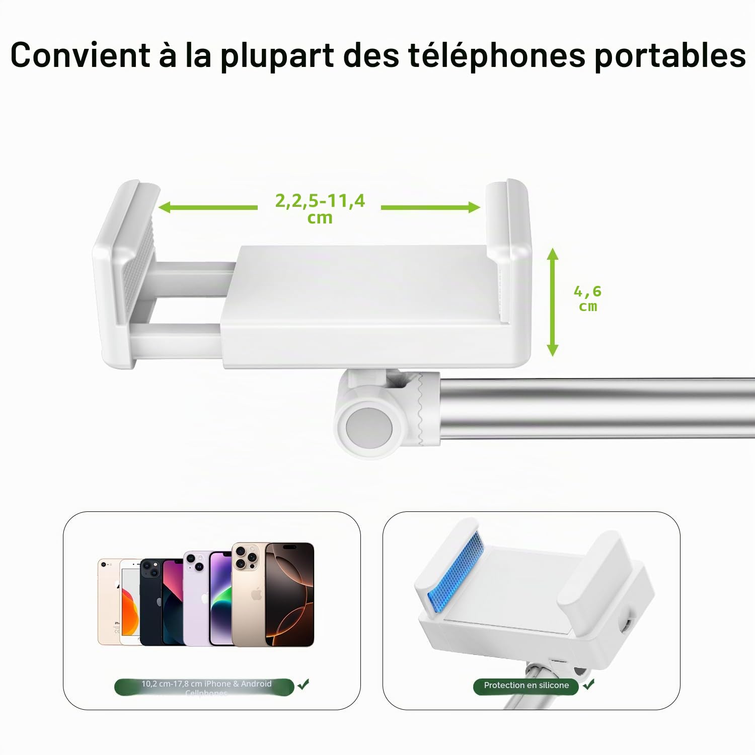Support de téléphone au sol, bras de chevet réglable, support de téléphone pour enregistrer des prises de vue aériennes, support de téléphone en aluminium rotatif à 360°, compatible avec iPhone