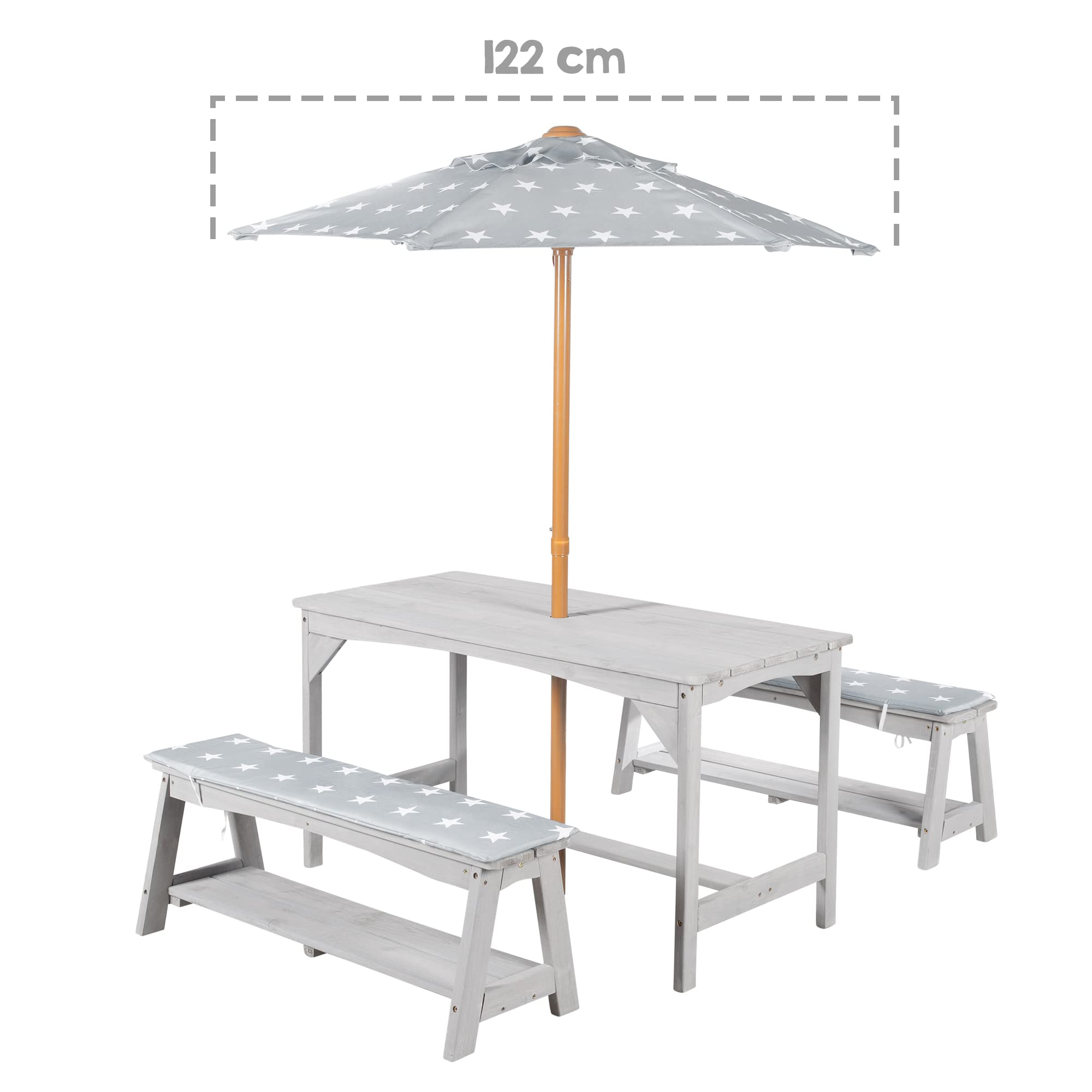 roba Set di Sedute per Bambini Picnic con Tavolo, 2 Panche, Ombrellone e Cuscini – Legno Grigio