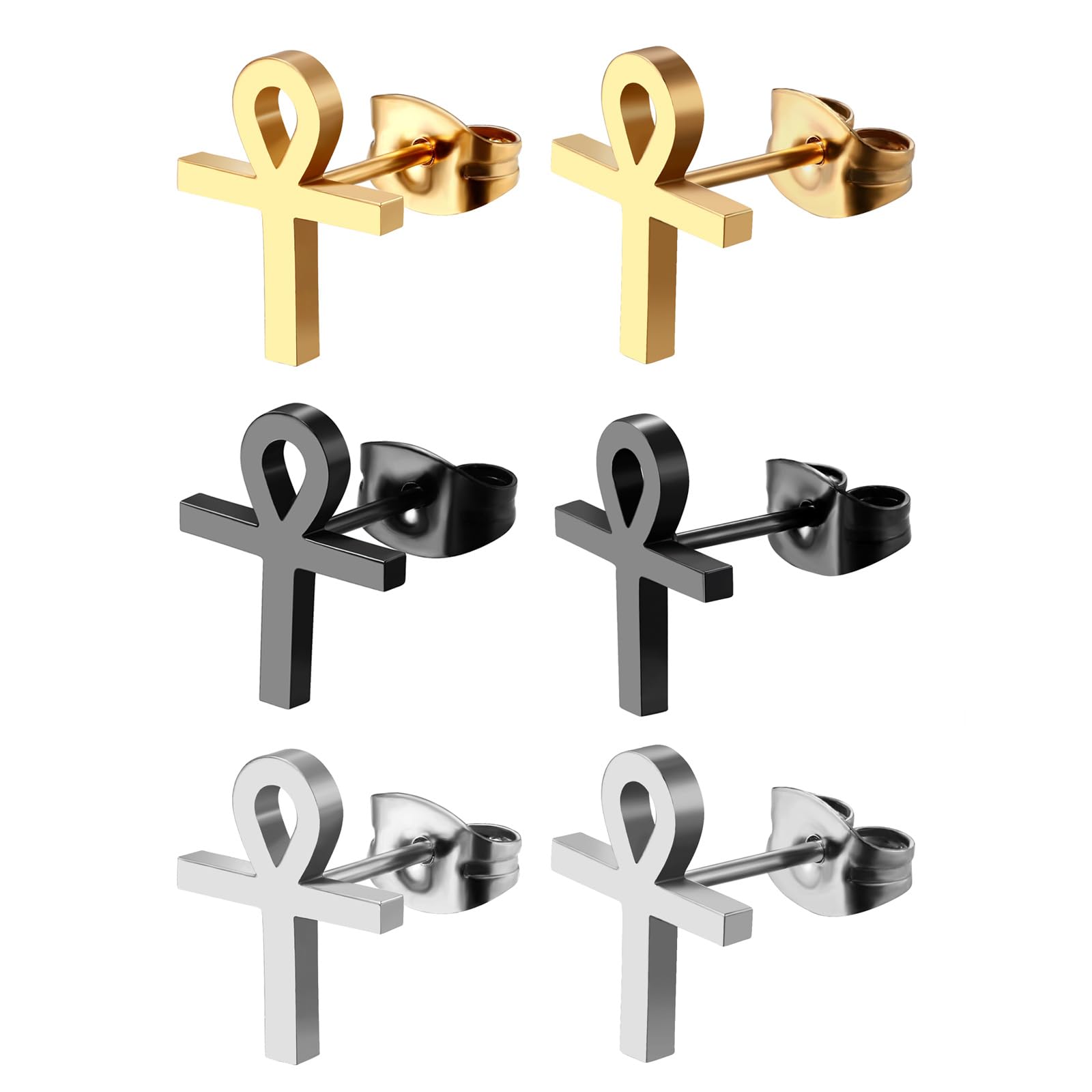 JewelryWe Sieraad van roestvrij staal met Egyptisch teken Anch O.Ankh Kruis, hanger met 54 cm ketting, halsketting voor heren en dames, zilver/goud/roségoud/zwart - gratis gravure, 54 cm, Roestvrij