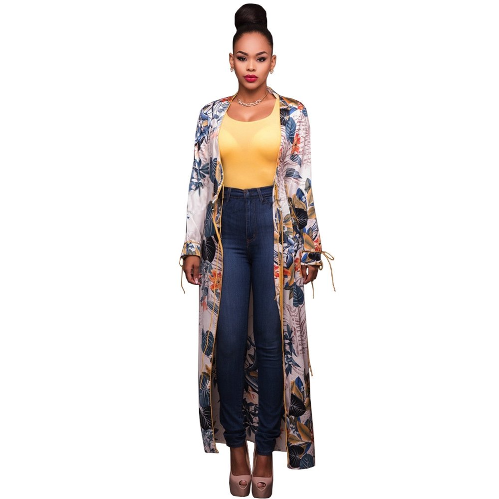 Womens Open Front Long Sleeve Floral Print Long Cardigan Coat Jacket Outwear