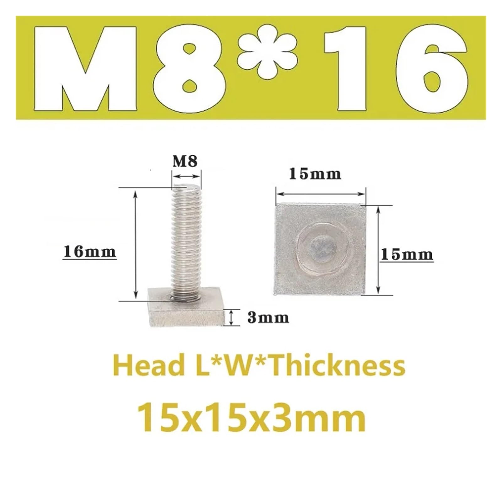 Stahl-T-förmige Schienenbefestigungsschrauben M6, M8, M10 mit Vierkantkopf, Länge 16 bis 50 mm, Edelstahl 304(L25xW25xThick3mm)