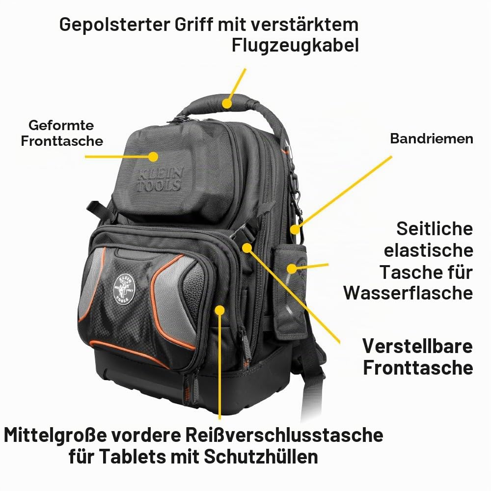 Klein Tools 55485 Werkzeug-Rucksack | 48 Fächer | Strapazierfähiger Elektriker-Rucksack mit Hartschalenboden | Abnehmbare Werkzeugtasche | Wasserdichtes Bodenfach | Profi-Qualität
