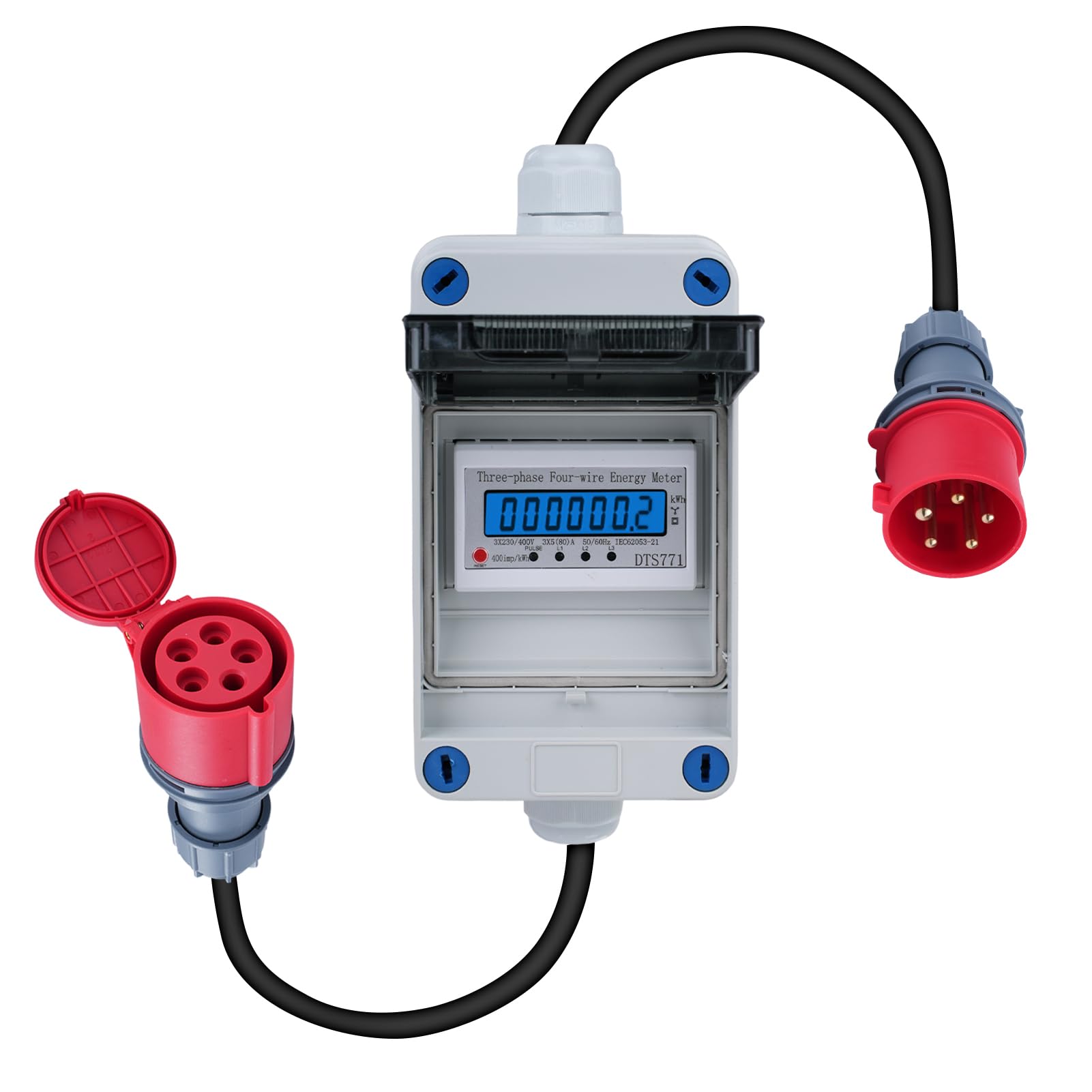 DEWIN Contatore Elettrico Digitale Mobile,16A 400V Trifase Contatore Elettrico Digitale Mobile Mobile Meter CEE Plug 3 Fase Misuratore Consumo Elettrico con Reset con Spina Industriale/Cavo 2 Metri