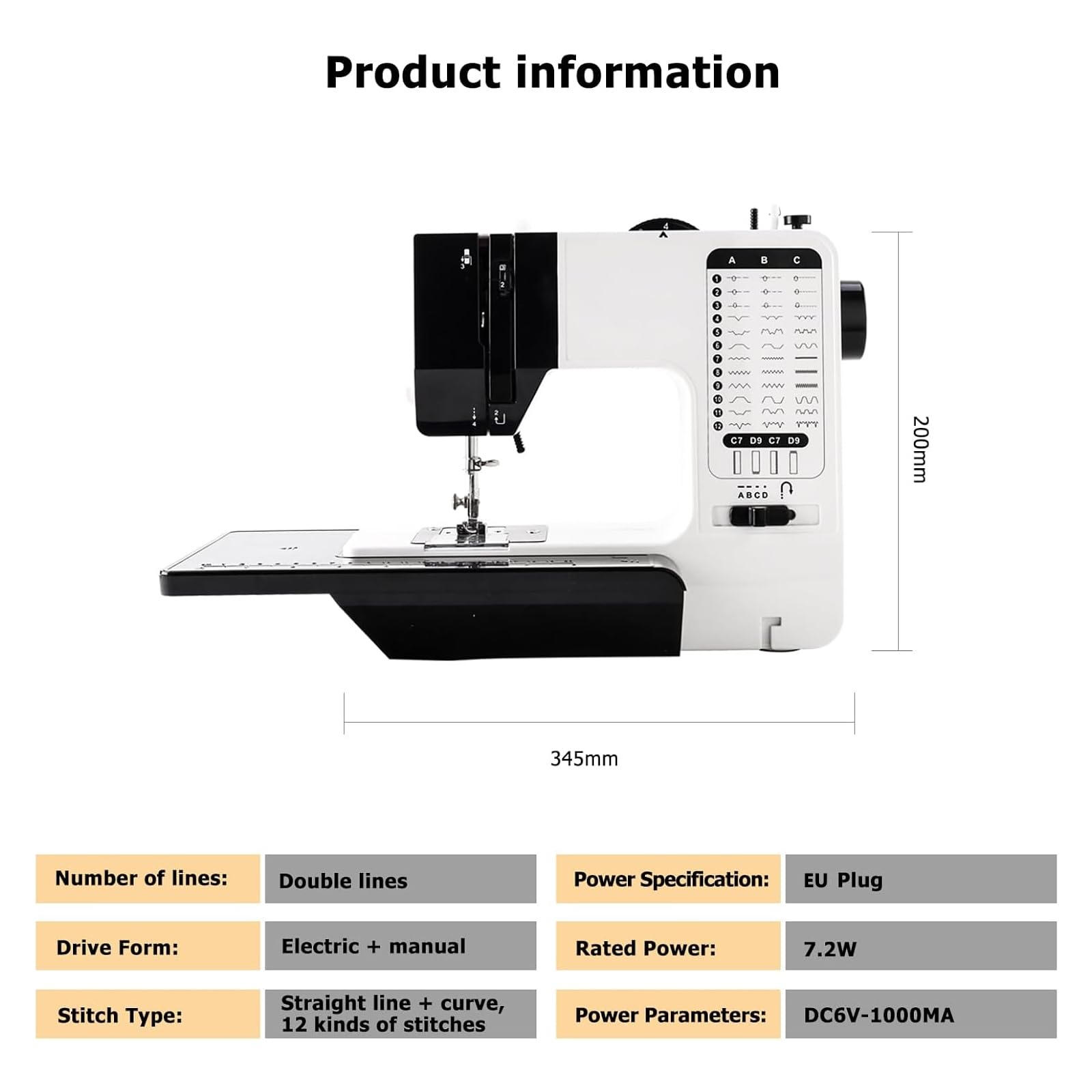 Máquina de coser, 738 máquina de coser doméstica de doble hilo de 220 V con placa de extensión, kit de 42 piezas de agujas e hilos, juego de 25 piezas para patchwork, soporte